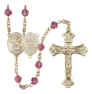 14 Karat Gold 6mm Austrian Crystal Saint Michael / Coast Guard Rosary in Rose
