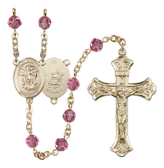 14 Karat Gold 6mm Austrian Crystal Saint Michael / Navy Rosary in Rose