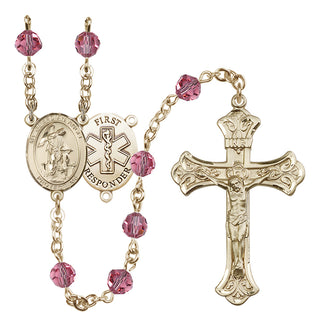 14 Karat Gold 6mm Austrian Crystal Guardian Angel/1st Responders Rosary in Rose