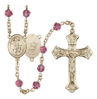 14 Karat Gold 6mm Austrian Crystal Guardian Angel / Navy Rosary in Rose