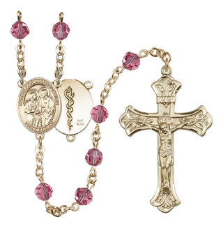 14 Karat Gold 6mm Austrian Crystal Saints Cosmas & Damian / Doctors Rosary in Rose