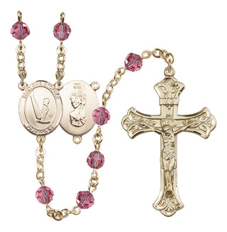 14 Karat Gold 6mm Austrian Crystal Saint Christopher/Gymnastics Rosary in Rose