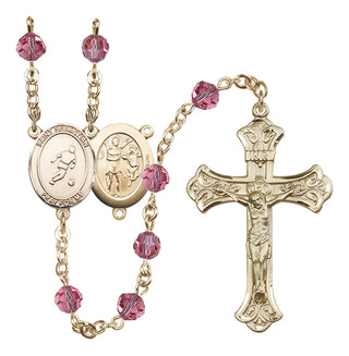 14 Karat Gold 6mm Austrian Crystal Saint Sebastian/Soccer Rosary in Rose