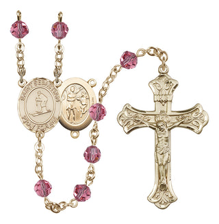 14 Karat Gold 6mm Austrian Crystal Saint Sebastian/Skiing Rosary in Rose