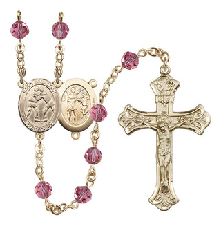 14 Karat Gold 6mm Austrian Crystal Saint Sebastian/Wrestling Rosary in Rose