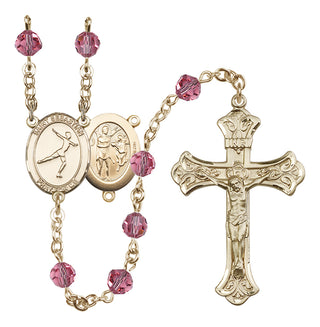14 Karat Gold 6mm Austrian Crystal Saint Sebastian/Figure Skating Rosary in Rose