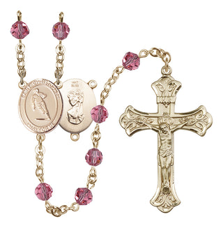 14 Karat Gold 6mm Austrian Crystal Saint Christopher / Rugby Rosary in Rose