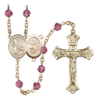 14 Karat Gold 6mm Austrian Crystal Saint Sebastian / Football Rosary in Rose