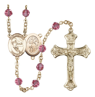 14 Karat Gold 6mm Austrian Crystal Saint Sebastian / Hockey Rosary in Rose