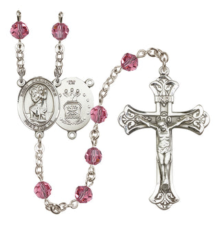 Sterling Silver 6mm Austrian Crystal Saint Christopher / Air Force Rosary in Rose