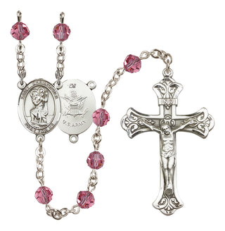 Sterling Silver 6mm Austrian Crystal Saint Christopher / Army Rosary in Rose