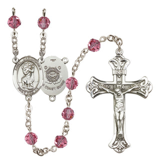 Sterling Silver 6mm Austrian Crystal Saint Christopher / Coast Guard Rosary in Rose