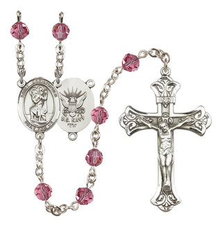 Sterling Silver 6mm Austrian Crystal Saint Christopher / Navy Rosary in Rose