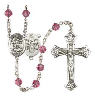 Sterling Silver 6mm Austrian Crystal Saint Michael / EMT Rosary in Rose