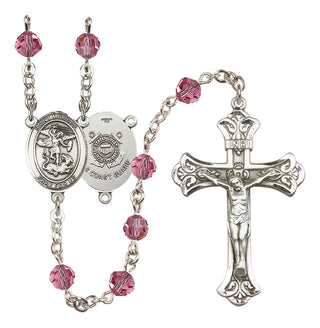 Sterling Silver 6mm Austrian Crystal Saint Michael / Coast Guard Rosary in Rose
