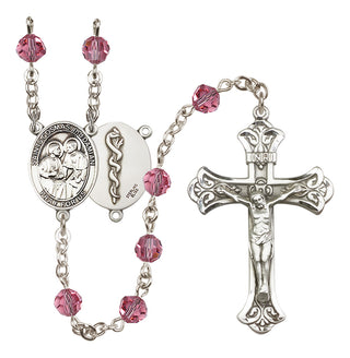 Sterling Silver 6mm Austrian Crystal Saints Cosmas & Damian / Doctors Rosary in Rose