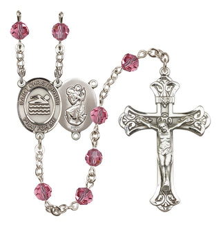 Sterling Silver 6mm Austrian Crystal Saint Christopher/Swimming Rosary in Rose