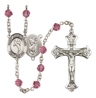 Sterling Silver 6mm Austrian Crystal Saint Christopher/Martial Arts Rosary in Rose