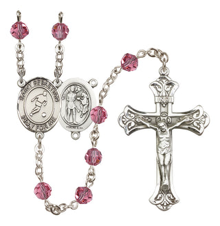 Sterling Silver 6mm Austrian Crystal Saint Sebastian/Soccer Rosary in Rose