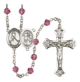 Sterling Silver 6mm Austrian Crystal Saint Sebastian/Ice Hockey Rosary in Rose