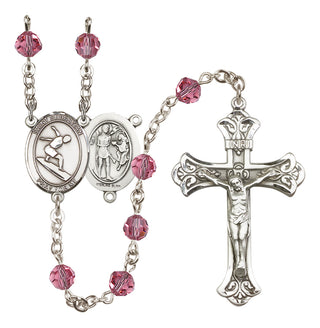 Sterling Silver 6mm Austrian Crystal Saint Sebastian/Surfing Rosary in Rose