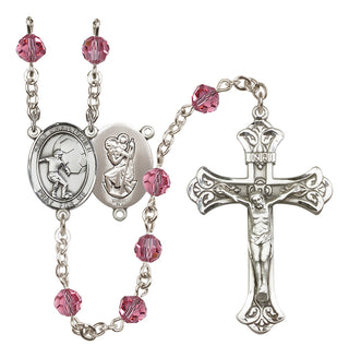 Sterling Silver 6mm Austrian Crystal Saint Christopher/Soccer Rosary in Rose