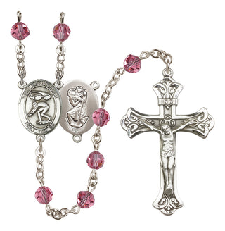 Sterling Silver 6mm Austrian Crystal Saint Christopher/Swimming Rosary in Rose