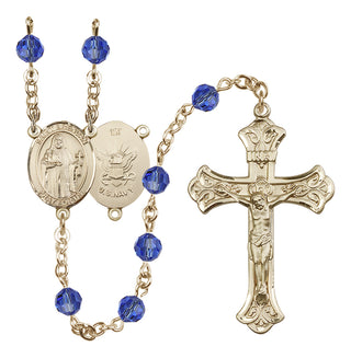 14 Karat Gold-Filled 6mm Austrian Crystal Saint Brendan the Navigator/Navy Rosary in Sapphire