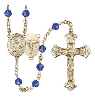 14 Karat Gold-Filled 6mm Austrian Crystal Saint Camillus of Lellis / Nurse Rosary in Sapphire