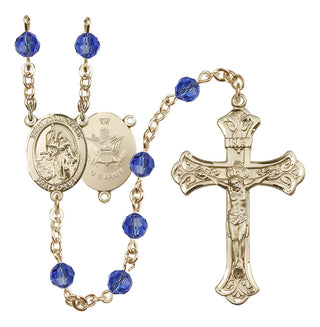 14 Karat Gold-Filled 6mm Austrian Crystal Saint Joan of Arc / Army Rosary in Sapphire