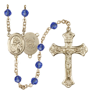 14 Karat Gold-Filled 6mm Austrian Crystal Saint Joan of Arc /Coast Guard Rosary in Sapphire