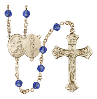 14 Karat Gold-Filled 6mm Austrian Crystal Saint Luke the Apostle / Doctor Rosary in Sapphire