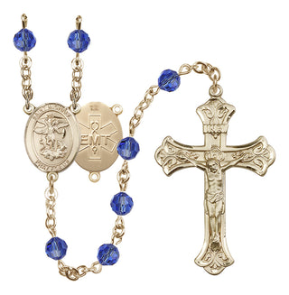 14 Karat Gold-Filled 6mm Austrian Crystal Saint Michael / EMT Rosary in Sapphire