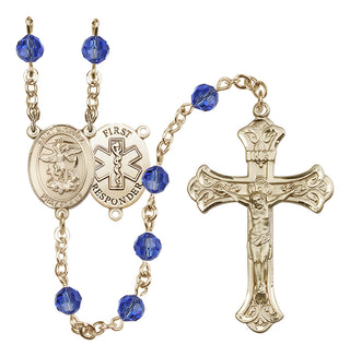 14 Karat Gold-Filled 6mm Austrian Crystal Saint Michael/1St Responder Rosary in Sapphire