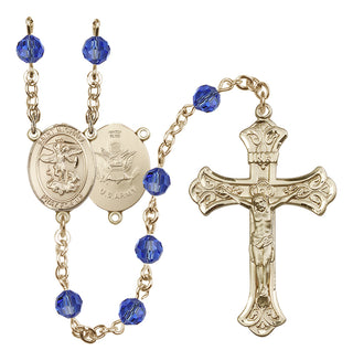 14 Karat Gold-Filled 6mm Austrian Crystal Saint Michael / Army Rosary in Sapphire