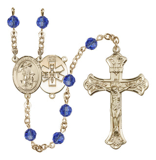 14 Karat Gold-Filled 6mm Austrian Crystal Guardian Angel / EMT Rosary in Sapphire