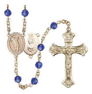 14 Karat Gold-Filled 6mm Austrian Crystal Saint Christopher/Golf Rosary in Sapphire