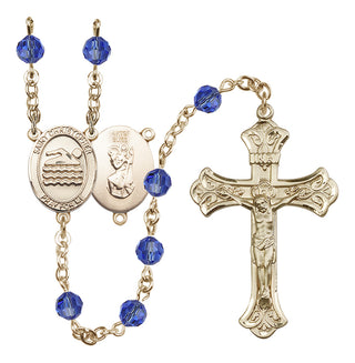 14 Karat Gold-Filled 6mm Austrian Crystal Saint Christopher/Swimming Rosary in Sapphire