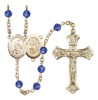 14 Karat Gold-Filled 6mm Austrian Crystal Saint Sebastian/Basketball Rosary in Sapphire