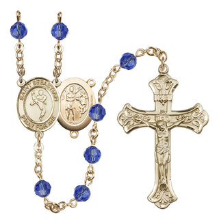 14 Karat Gold-Filled 6mm Austrian Crystal Saint Sebastian/Martial Arts Rosary in Sapphire