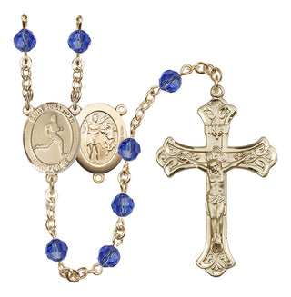 14 Karat Gold-Filled 6mm Austrian Crystal Saint Sebastian/Track & Field Rosary in Sapphire