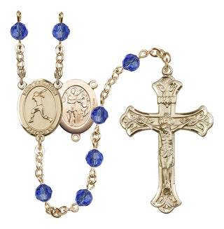 14 Karat Gold-Filled 6mm Austrian Crystal Saint Sebastian / Softball Rosary in Sapphire