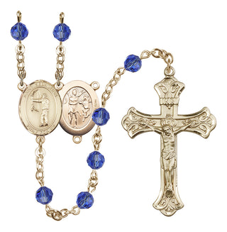14 Karat Gold-Filled 6mm Austrian Crystal Saint Sebastian / Archery Rosary in Sapphire