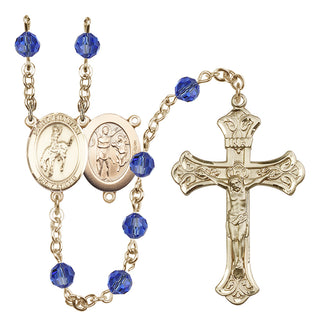 14 Karat Gold-Filled 6mm Austrian Crystal Saint Sebastian / Rodeo Rosary in Sapphire