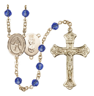 14 Karat Gold-Filled 6mm Austrian Crystal Saint Christopher / Field Hockey Rosary in Sapphire