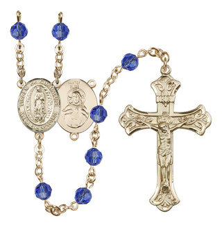 14 Karat Gold-Filled 6mm Austrian Crystal Virgen de Guadalupe Rosary in Sapphire