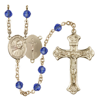 14 Karat Gold-Filled 6mm Austrian Crystal Saint John Paul II Rosary in Sapphire