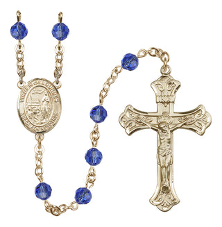 14 Karat Gold-Filled 6mm Austrian Crystal Virgen del Lourdes Rosary in Sapphire