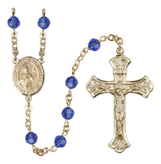 14 Karat Gold-Filled 6mm Austrian Crystal Saint Anthony Mary Claret Rosary in Sapphire