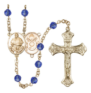 14 Karat Gold-Filled 6mm Austrian Crystal Pope Francis Rosary in Sapphire